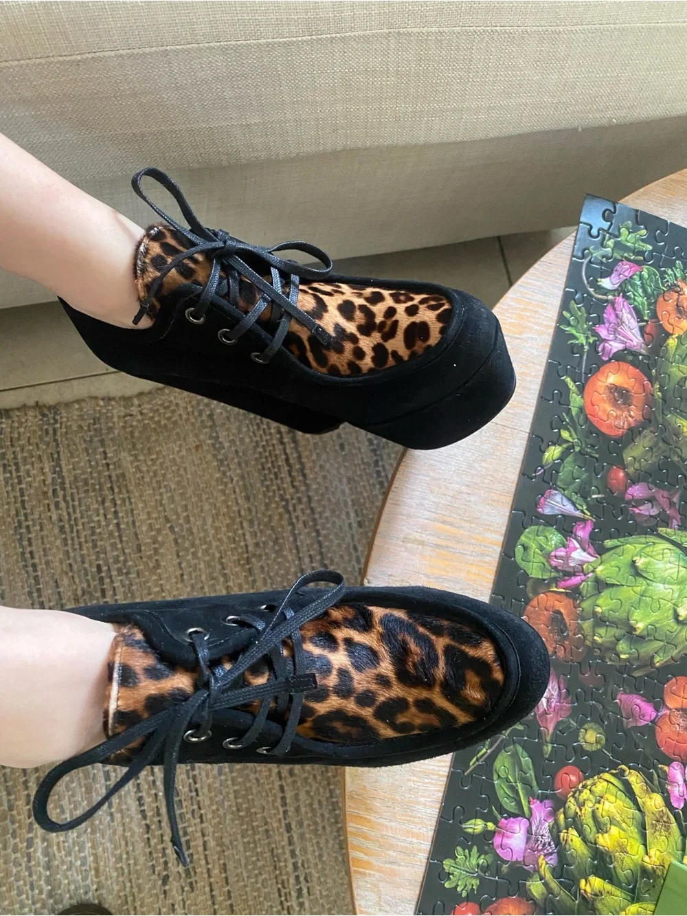 Stuart Weitzman Black Suede Platform Wedges with Leopard Accent